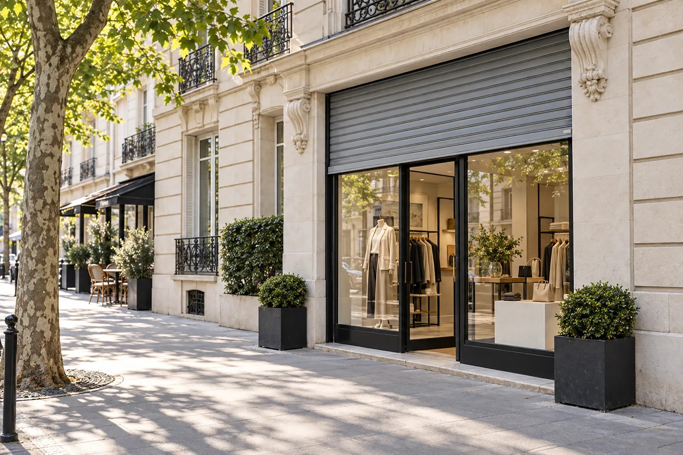 Boutique d'une rue commerçante de Neuilly avec son rideau métallique à demi levé